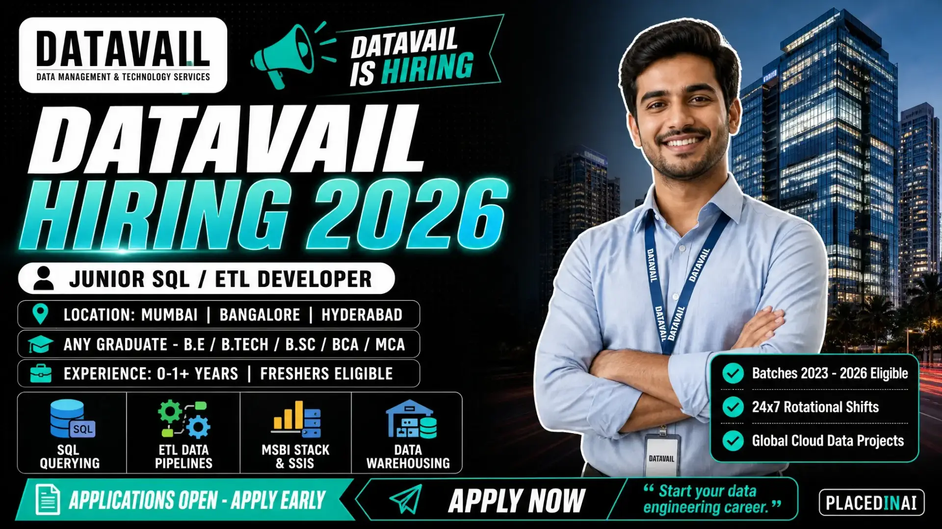 Datavail hiring Junior SQL/ETL Developer 2026 in Mumbai, Bangalore and Hyderabad — freshers eligible — PlacedInAI job update